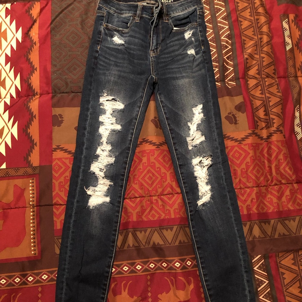 Womens American Eagle Hi Rise Jeggings ripped jeans size 2 Long
